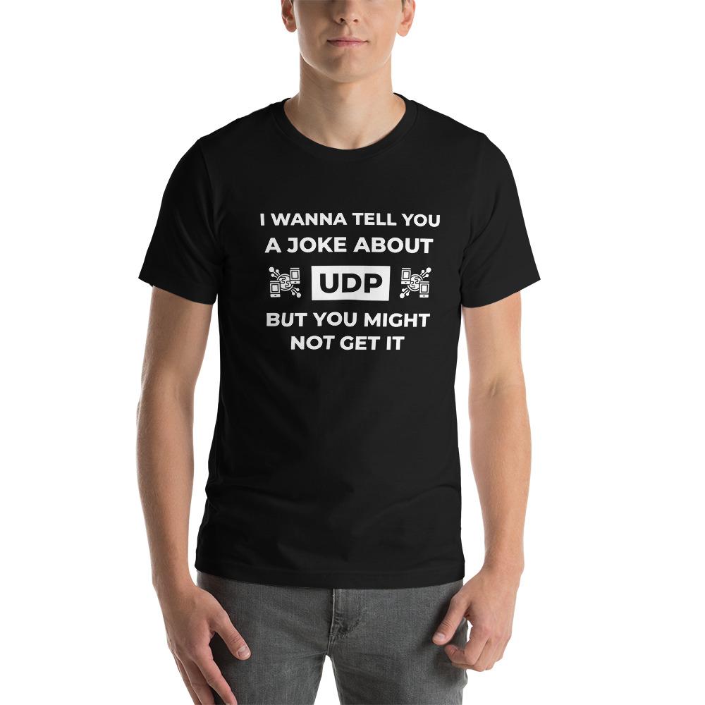 UDP joke (black) t shirt for developers - Threadhub store