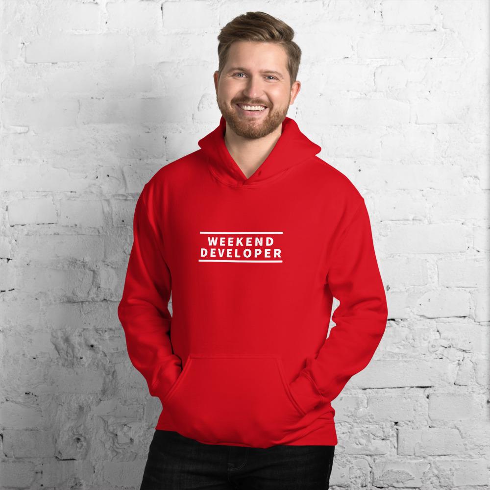 Weekend developer (red) hoodie for developers - Threadhub store